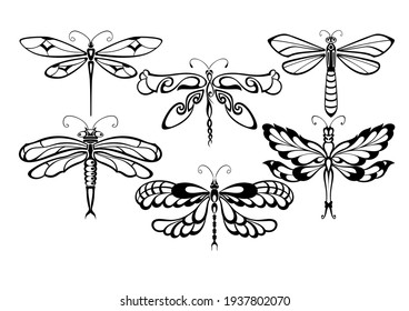 Black silhouette dragonfly collection. Dragonfly silhouette icons 
