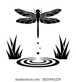 Black silhouette of a dragonfly hovering over water creating ripples and dropping eggs. Includes aquatic plants. Nature concept for biology, pond life, and nature designs.