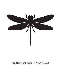 Black silhouette of a dragonfly with wings and long body on white background icon
