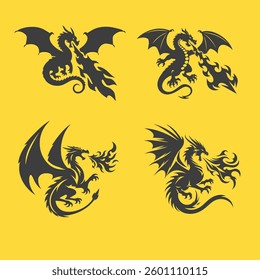 Black silhouette of dragons battle on white background, Knights tales. Vector illustration