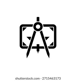 Black silhouette of a drawing compass placed over a rectangular symbol, set against a clear transparent backdrop.
