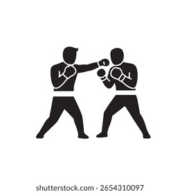 Black silhouette drawing depicts two people boxing, one extending their glove-clad fist as if striking the other fighter, who has both hands raised in defense with boxing gloves.