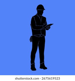 Black silhouette drawing of an engineer taking notes, vector, blue background