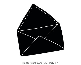 Black Silhouette Drawing of Open Envelope isolated on white background. Concept of Mail Icon, Postal Service, Communication, Hand-Drawn Art. Design Element for Stationery, Invitations, Business
