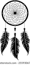 black silhouette of a dream catcher with feathers without background