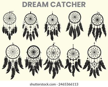 
A black silhouette of a dream catcher, featuring a moon catcher and feathers. This dream catcher bundle is isolated on a white background.