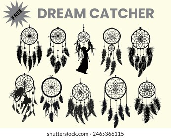 
A black silhouette of a dream catcher, featuring a moon catcher and feathers. This dream catcher bundle is isolated on a white background.