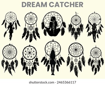 
A black silhouette of a dream catcher, featuring a moon catcher and feathers. This dream catcher bundle is isolated on a white background.