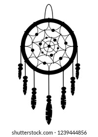 Black silhouette. Dreamcatcher boho native American Indian talisman. Tribal design. Magic item with feathers. Fashionable flat style talisman. Vector illustration isolated on white background.