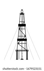 La silueta negra de la torre de perforación está aislada sobre un fondo blanco. Ilustración vectorial plana, pasos 10.
