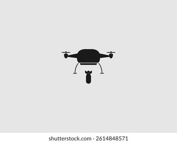 a black silhouette of a drone in flight positioned above a black bomb or missile that appears to be attached to it or falling from it