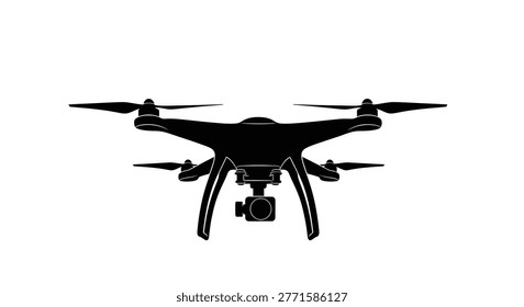 a black silhouette of a drone with four propellers and a camera attachment, set against a white background. high-quality professional detailed modern elegant stylish