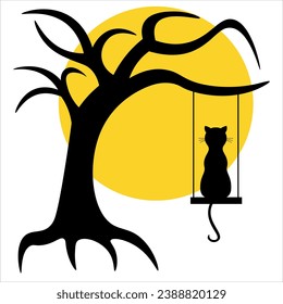 Black silhouette of dry bare tree and cat on swings on moon background. Halloween scary spooky dead tree. 