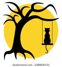 Black silhouette of dry bare tree and cat on swings on moon background. Halloween scary spooky dead tree. 