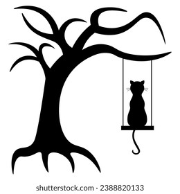 Schwarze Silhouette aus trockenem, nacktem Baum und Katze auf Schaukeln auf weißem Hintergrund. Halloween gruseliger toter Baum. 