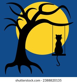 Black silhouette of dry bare tree and cat on swings on moon background. Halloween scary spooky dead tree. 