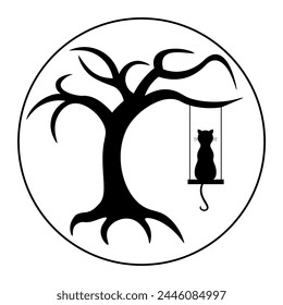Black silhouette of dry bare tree and cat on swings on moon background. Halloween scary spooky dead tree. 