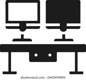 Black silhouette of a dual monitor desk setup designed for remote productivity