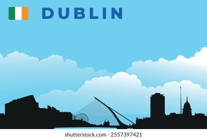 Black silhouette of Dublin city skyline with text and flag. Vector on the background of blue sky and white clouds