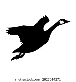 A black silhouette of a duck soaring through the air, capturing the essence of wildlife and nature in a dynamic pose.