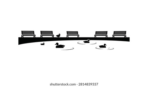 Black silhouette of ducks floating in pond water with park benches on bank. Peaceful nature scene for park urban environment.