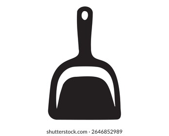 Silhueta preta do ícone da pá isolada no fundo branco, ilustração gráfica. conceito da ferramenta de limpeza, utilitário doméstico, varredura, elemento de design minimalista.