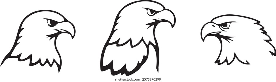 Black silhouette of an eagle head isolated on a white background. Concept of fierce bird illustration, majestic predator, minimalist style, powerful eagle. Print, icon, design element