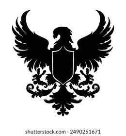 Black silhouette of Eagle heraldic design element, Heraldic Coat of Arms decorative logo isolated vector illustration