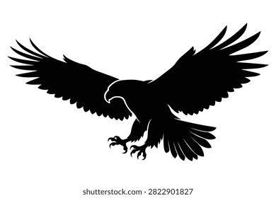 A black silhouette of an eagle in midflight with wings spread wide and talons extended