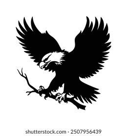 Black silhouette of a Eagle on tree branch outline thick view isolated white background