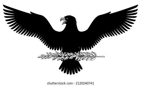 Black silhouette of an eagle with outstretched wings holding a laurel branch in its claws isolated on white. Vintage stylized drawing. Vector illustration
