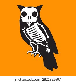 Black silhouette eagle owl animal body, fairy tale Halloween character in X-ray radiation. Creepy shadow outline of nocturnal predator scarecrow. Black and white vector isolated on orange background