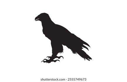 Black silhouette of an eagle with sharp claws and detailed feathers, standing on a white background, symbolizing power and freedom.