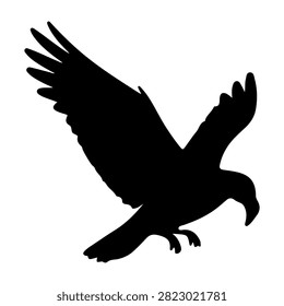 Black silhouette of an eagle with wings spread wide, captured mid-flight against a plain white background, symbolizing freedom and strength.