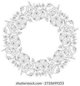 Black silhouette of Easter eggs, flowers and herbs create circular frame. Ink circular festive outline. Template for postcard, flyer, invitation, vector graphic