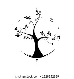 black silhouette eco tree vector icon, bio logo, garden sign, forest symbol, floral pattern