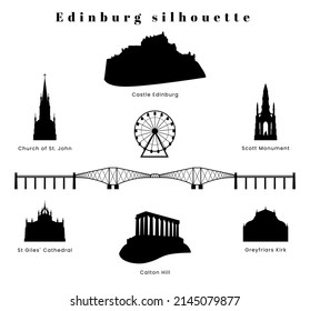 Black silhouette of Edinburgh landmarks. UK city architecture vector Black and white icons set. Isolated vector logos. 