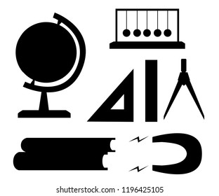 Black silhouette. Educational supplies collection. Books, ruler, compass, globe, magnet and Newton's Cradle. Flat vector illustration on white background.