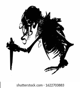 A black silhouette of an eerie skeleton in rags with exposed ribs and spine, long hair sticking out of the skull, rises from the ground, dagger in hand. 2D illustration.