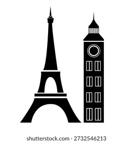 Schwarze Silhouette von Eiffelturm und Big Ben Wahrzeichen