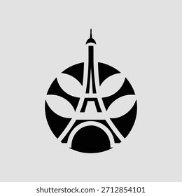 A black silhouette of the Eiffel Tower is enclosed within a circle containing four petal shapes.