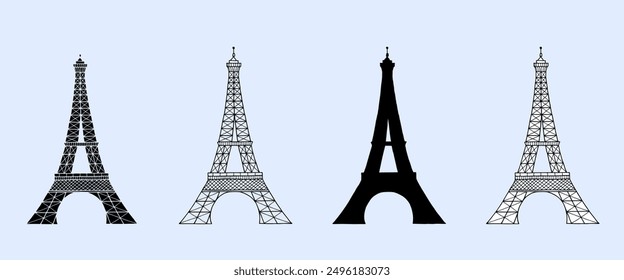 Black silhouette of Eiffel Tower vector hand drawn illustration. Symbol of Paris. Vintage drawing doodle painted by inks for icon, logo or design