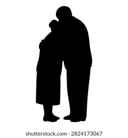 Black silhouette of an elderly couple embracing, symbolizing love, companionship, and lifelong partnership against a plain white background.