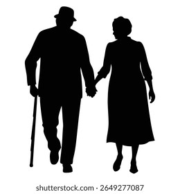A black silhouette of an elderly couple holding hands and walking. The man wears a hat and carries a cane. The woman wears a long dress.