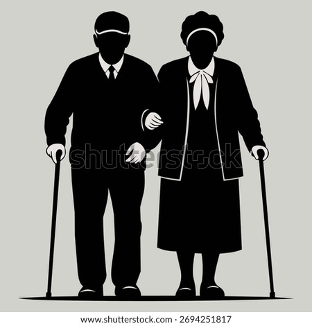 A black silhouette of an elderly couple, a man and a woman, walking together arm in arm, each holding a cane. They are depicted against a neutral background, symbolizing enduring love and mutual suppo