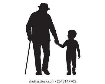 Black silhouette of an elderly man with a cane walking with child boy holding hands, isolated on white background, illustration. concept of family, generations, bond, care, grandfather and grandson.