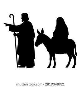 Black silhouette of an elderly man with cane and a woman riding a donkey, set against a plain background, emphasizing traditional rural life.