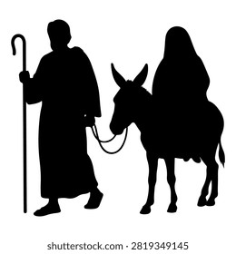 Black silhouette of an elderly man holding a cane and leading a donkey, emphasizing simplicity and traditional rural life imagery.