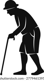 A black silhouette of an elderly man wearing a hat, using a cane for support