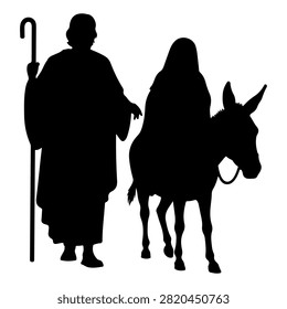 Black silhouette of an elderly person walking alongside a donkey, both dressed in traditional clothing, against a plain white background.